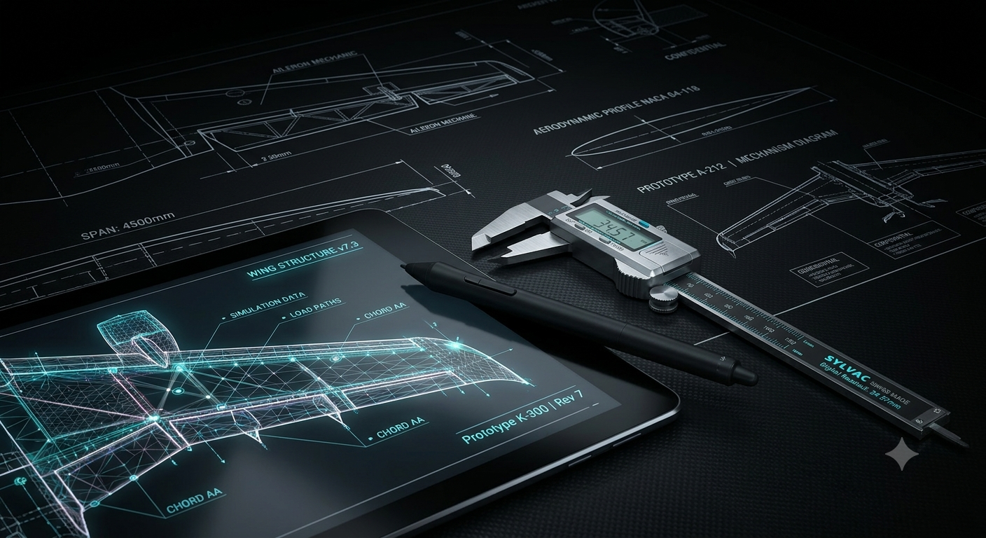 Aerospace engineering workstation: glowing wing-structure mesh on a tablet with a precision stylus and digital calipers over technical blueprints.