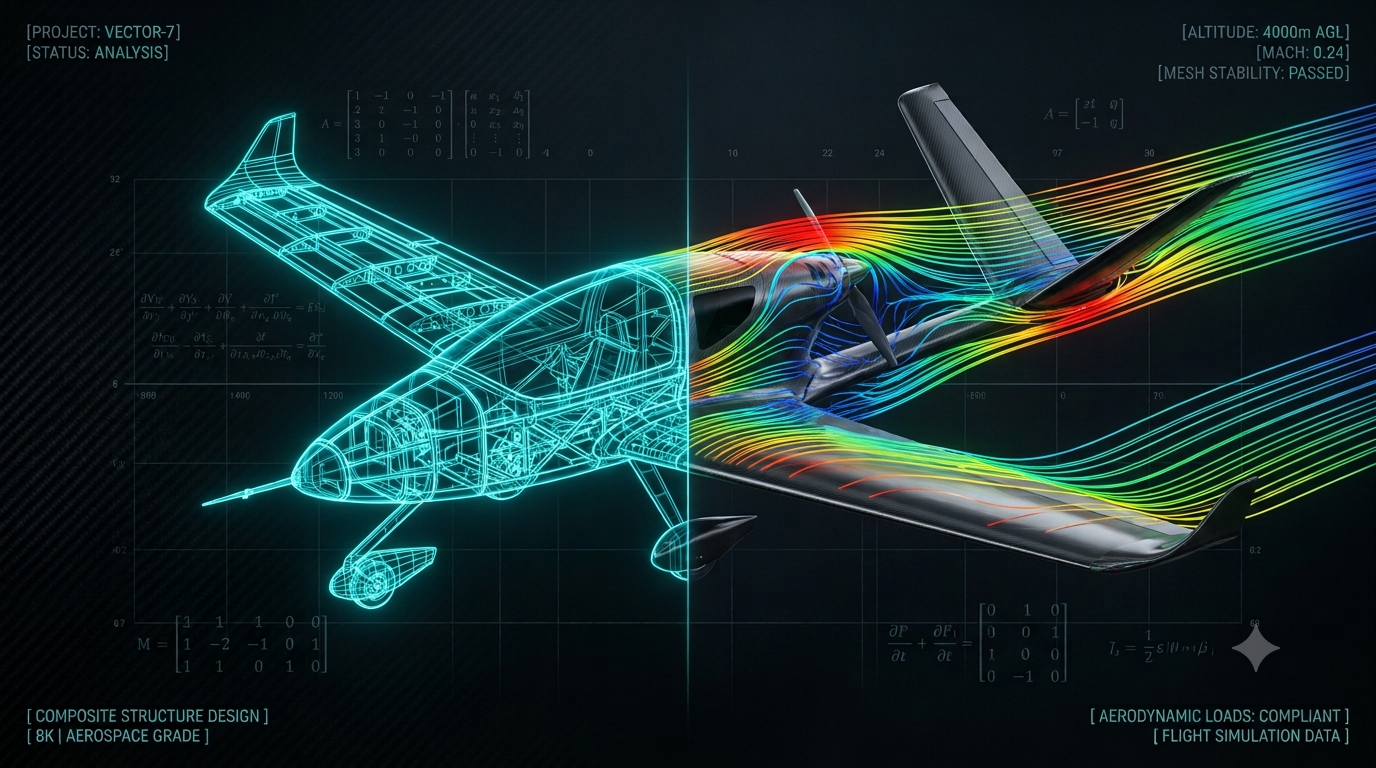 Split-screen aircraft rendering: neon-cyan CAD structural wireframe transitioning into red-to-blue CFD aerodynamic pressure streams over a light aircraft profile.