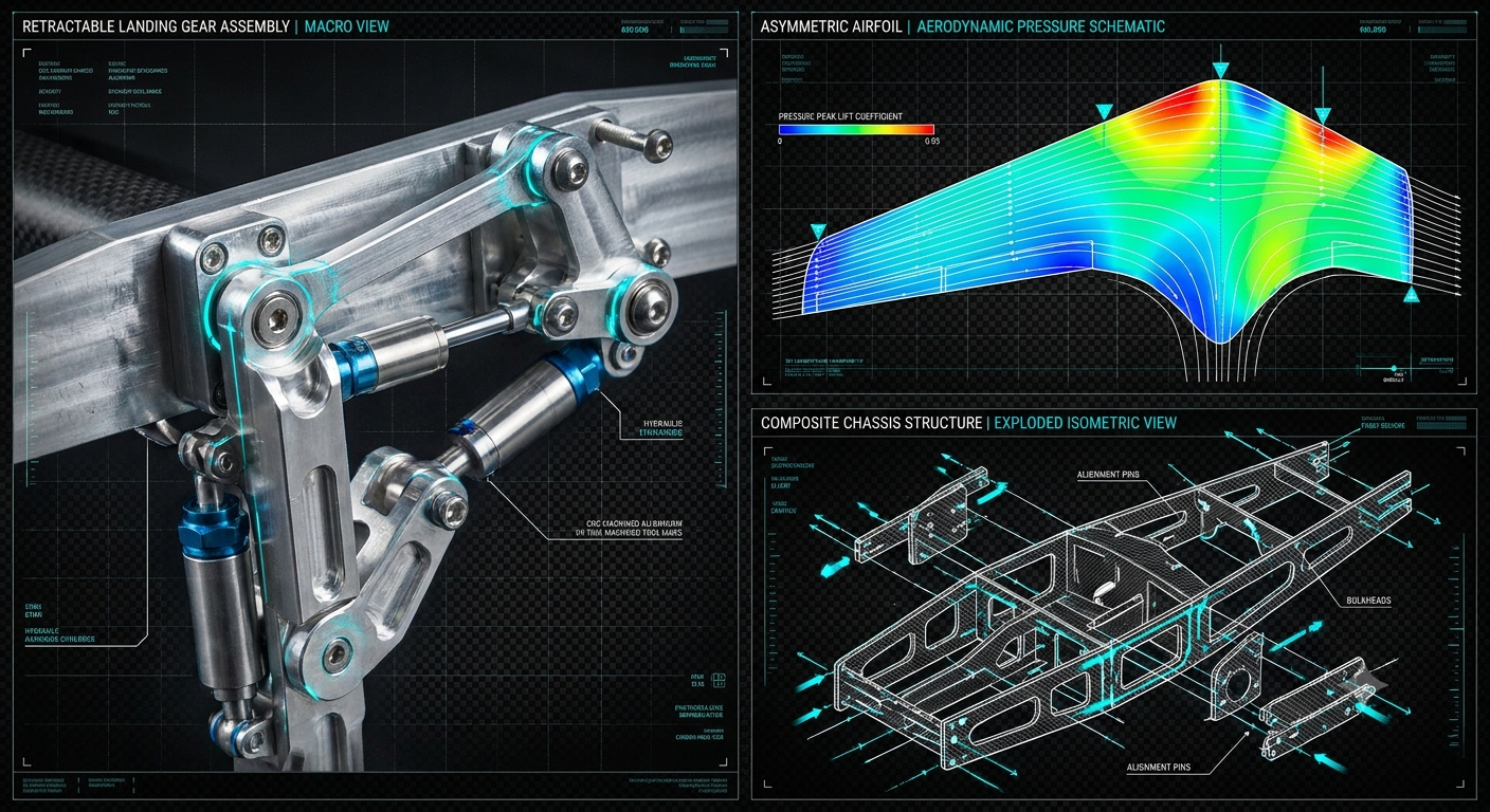 Multi-panel engineering grid: CNC retractable landing-gear macro, asymmetric airfoil pressure-distribution schematic, and exploded isometric composite chassis structure.